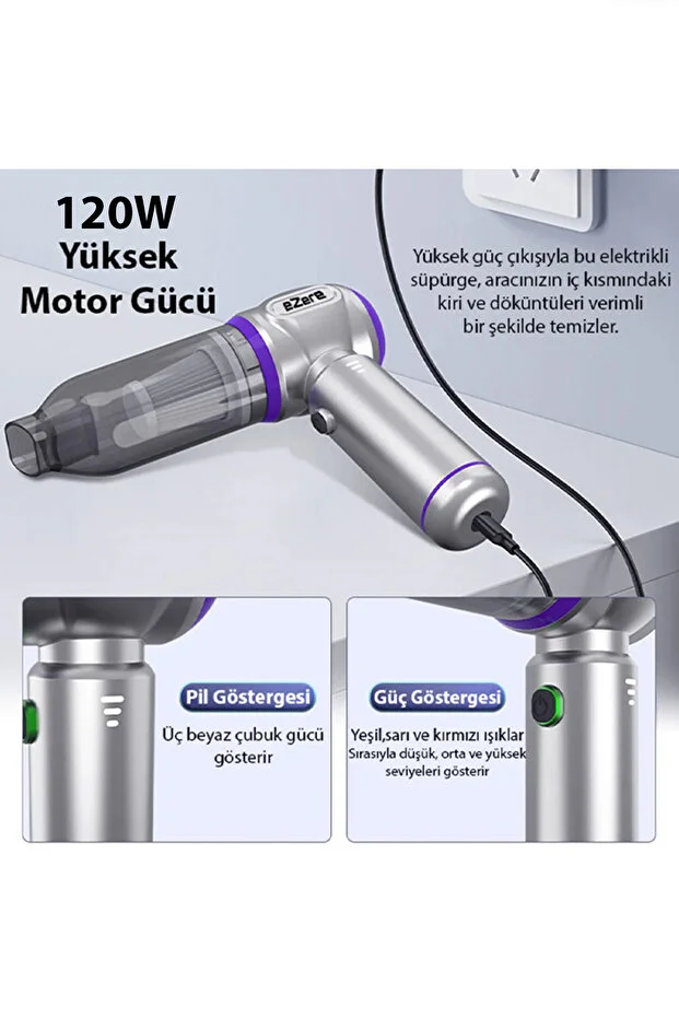 7800 mAh Güçlendirilmiş Pil 20000pa Güçlü Portatif Vakumlu Kablosuz Üflemeli Mini Araç Süpürgesi